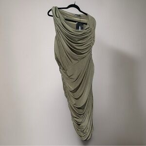 PLT Draped One-Shoulder Olive Green Cocktail Dress